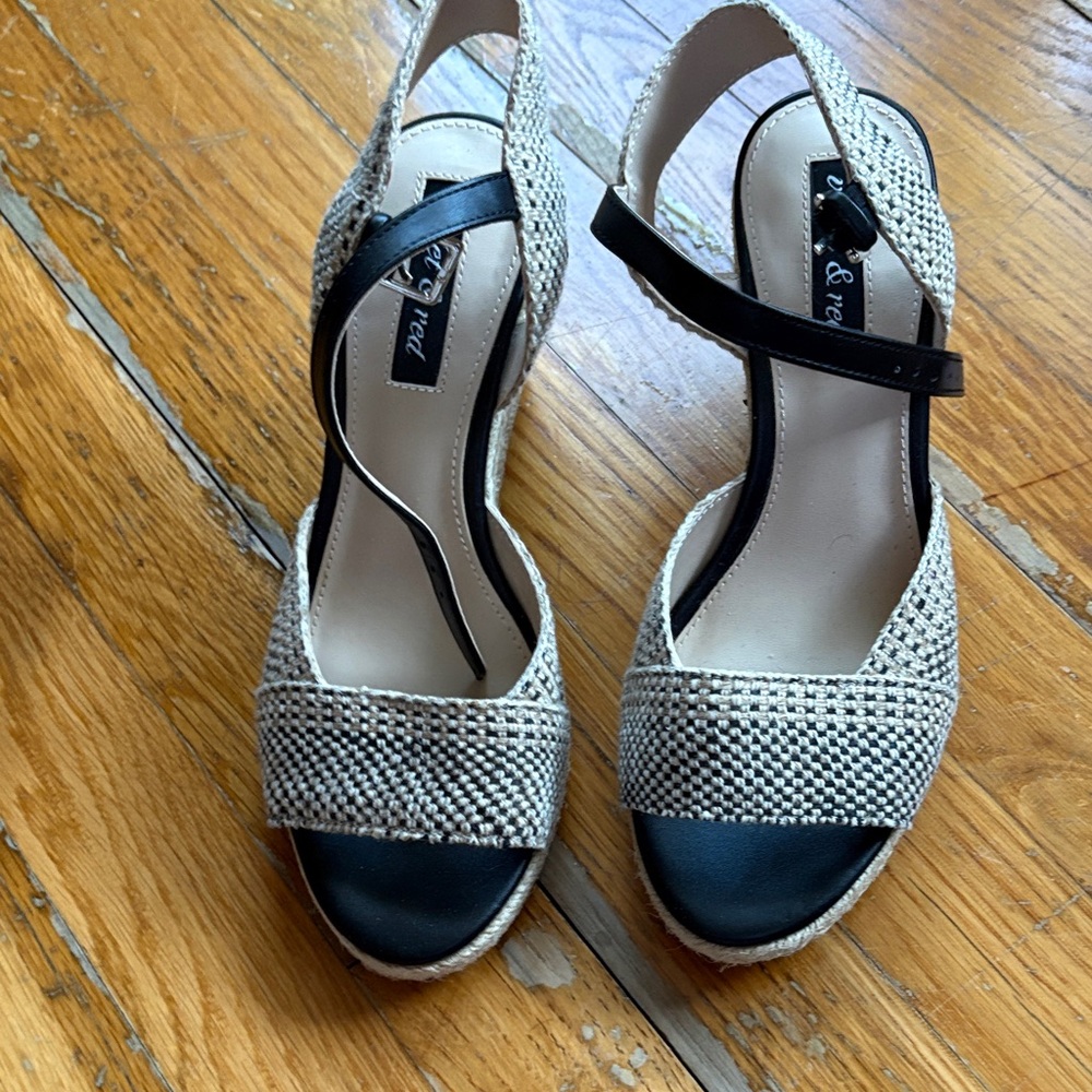 Ladies Wedge Sandals with Beige Woven Straps and Black Accents